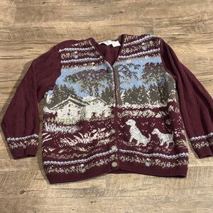 Vintage Northern Reflection Burgundy Cardigan with Scenic Design - Size L